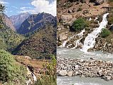 504 Miristi Khola Ends At Kali Gandaki Having seen the beginning of the Miristi Khola at Annapurna North Base Camp, I now saw the end near Tatopani - it splits in two just before it enters the Kali Gandaki. One part is used to power the hydroelectric plant that supplies power for the region, and the other remains the river.